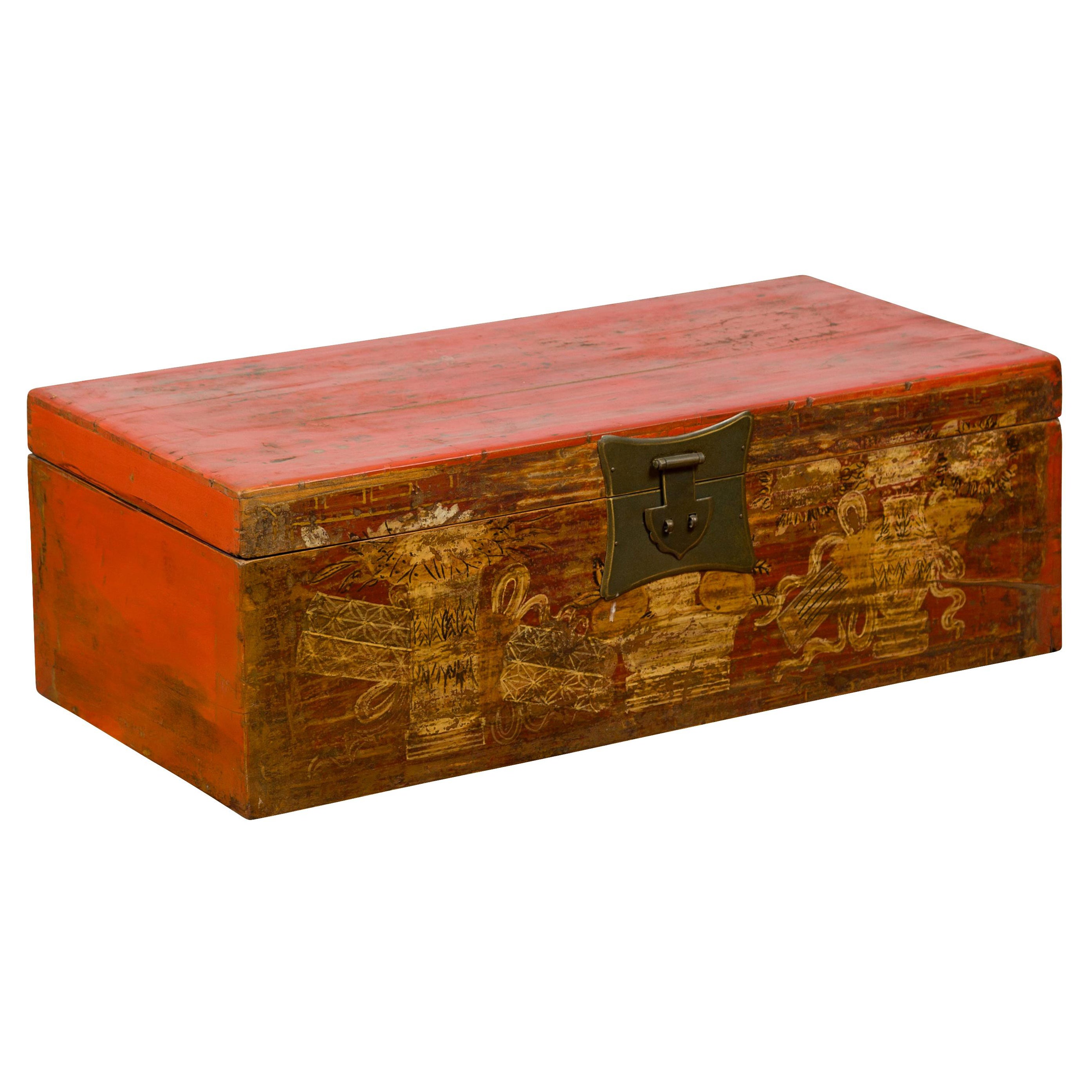 Red Lacquered Box with Hand-Painted Golden Motifs and Bronze Hardware