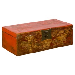 Red Lacquered Box with Hand-Painted Golden Motifs and Bronze Hardware