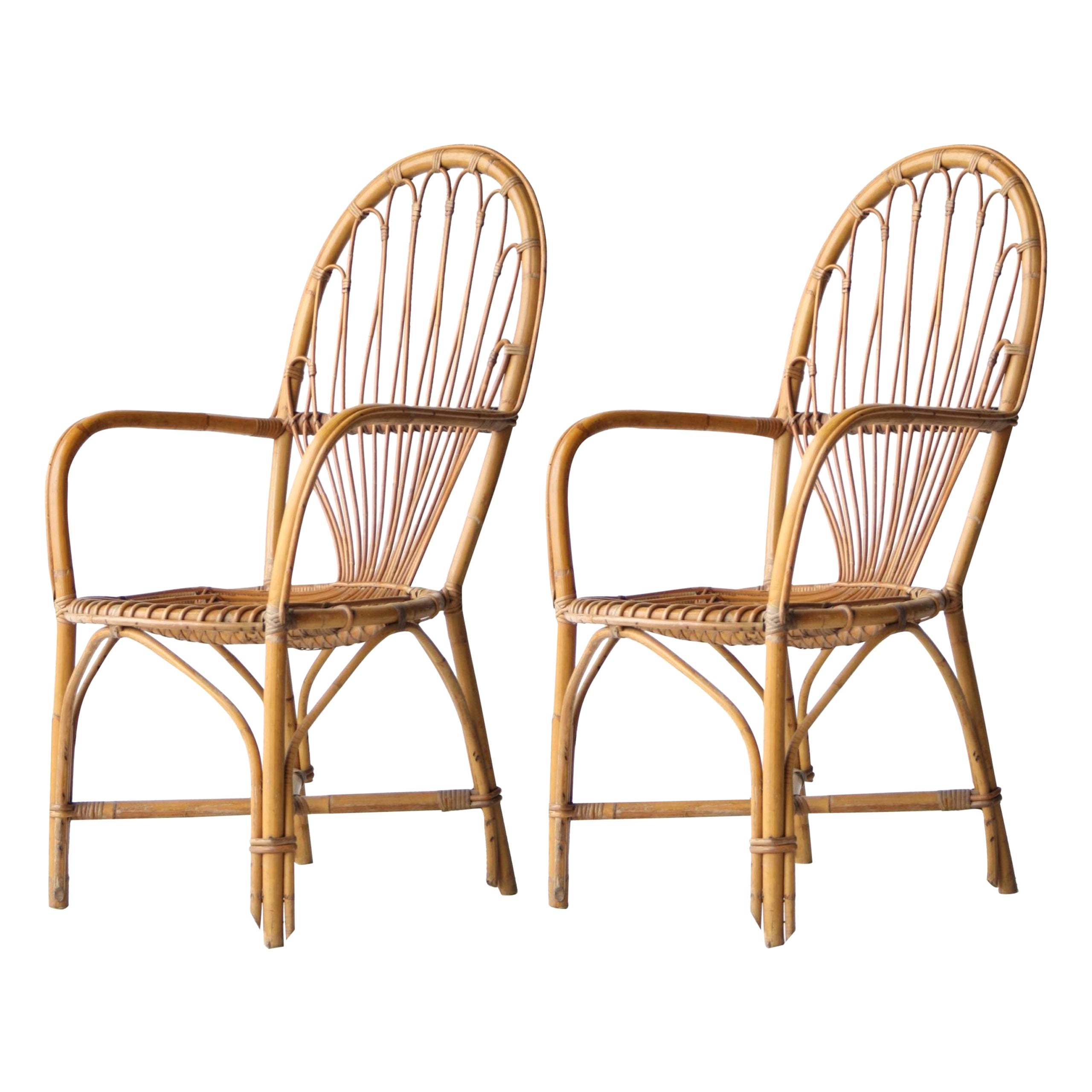 Midcentury Bamboo Wicker Pair of Armchairs, France, 1970 For Sale