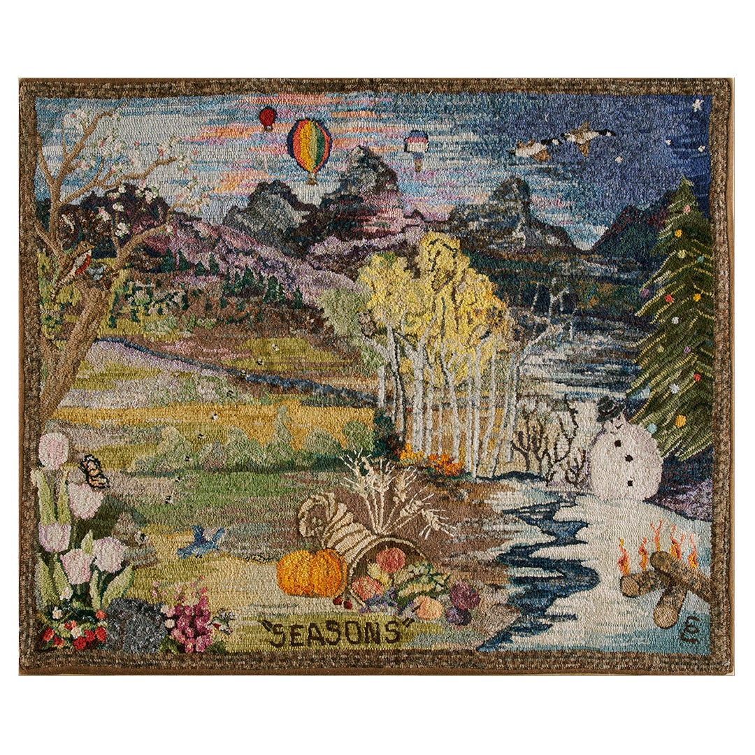 Scenic American Hooked Teppich mit Kapuze aus der Mitte des 20. Jahrhunderts ( 3'2" x 3'10" - 97 x 117)