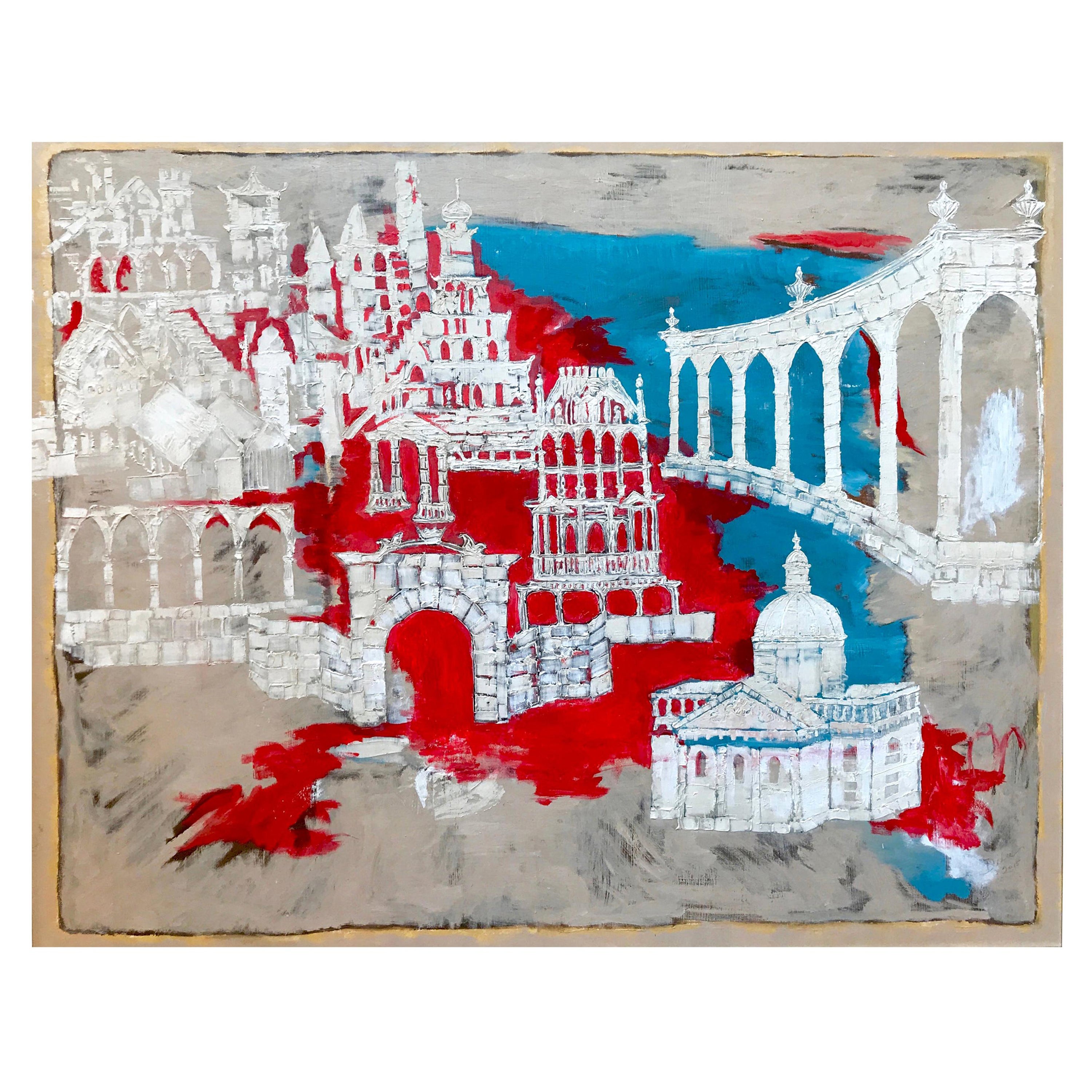 "Before the Ruin" Abstract Architectural Elements Mixed-Media Painting on Canvas For Sale