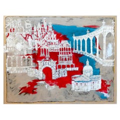 Peinture à techniques mixtes sur toile « Before the Ruin » (avant la rue) - Éléments architecturaux abstraits