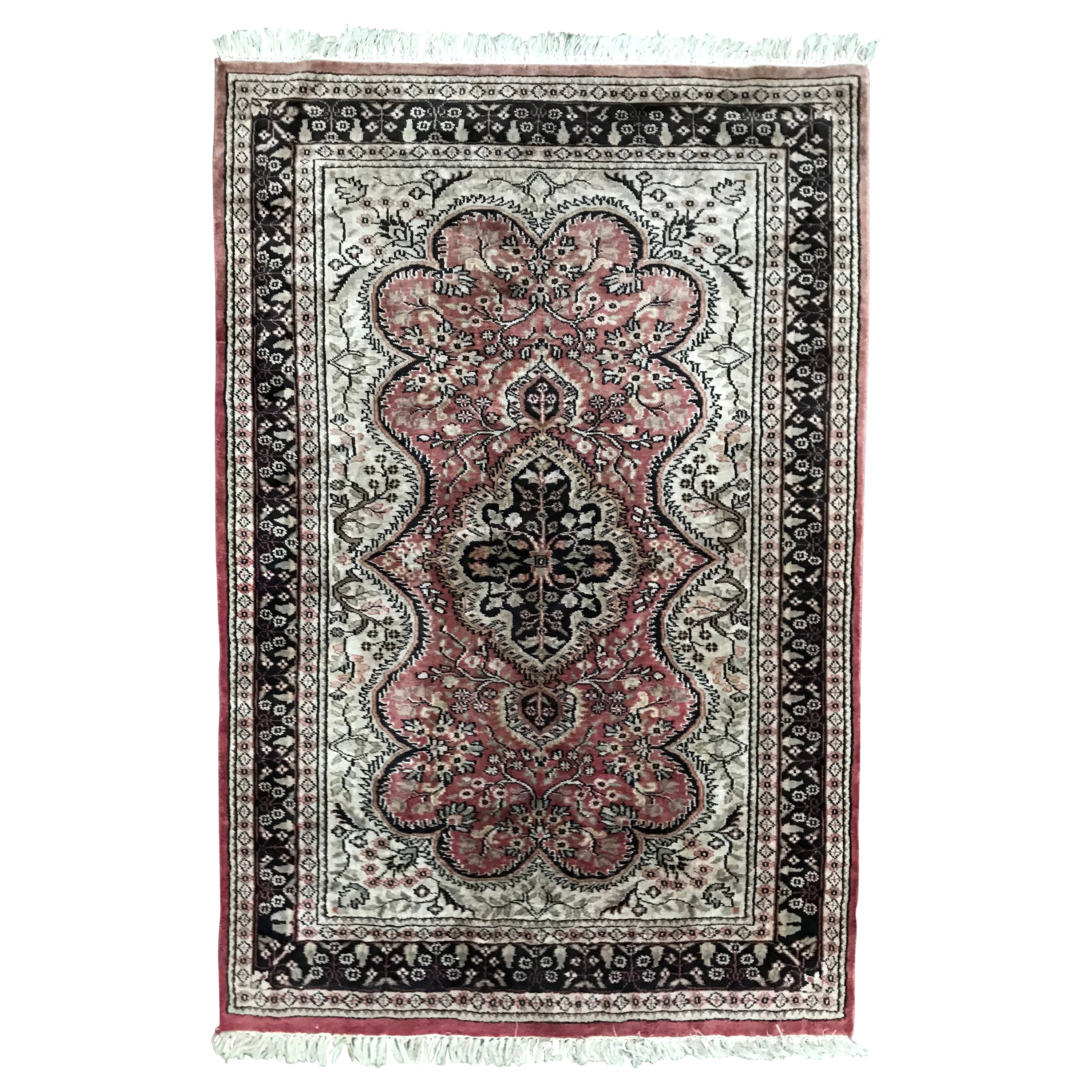 Vintage Lahore Kashmir Wool Rug Pair of Bedside Rugs Blue Green Turquoise Beige For Sale at 1stDibs