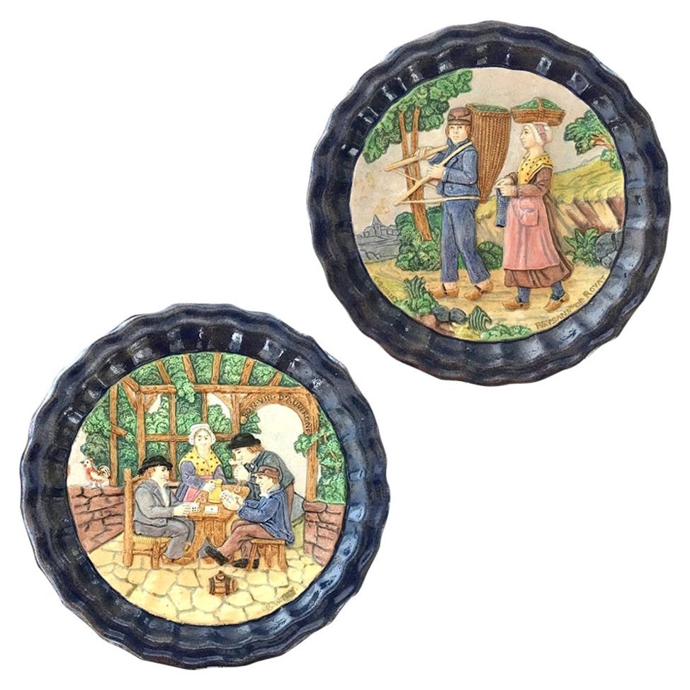 1880 French Country Pair of Navy Blue Edged Folk Art Majolica Decorative Plates