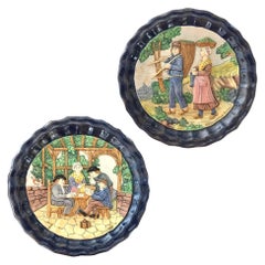 Antique 1880 French Country Pair of Navy Blue Edged Folk Art Majolica Decorative Plates