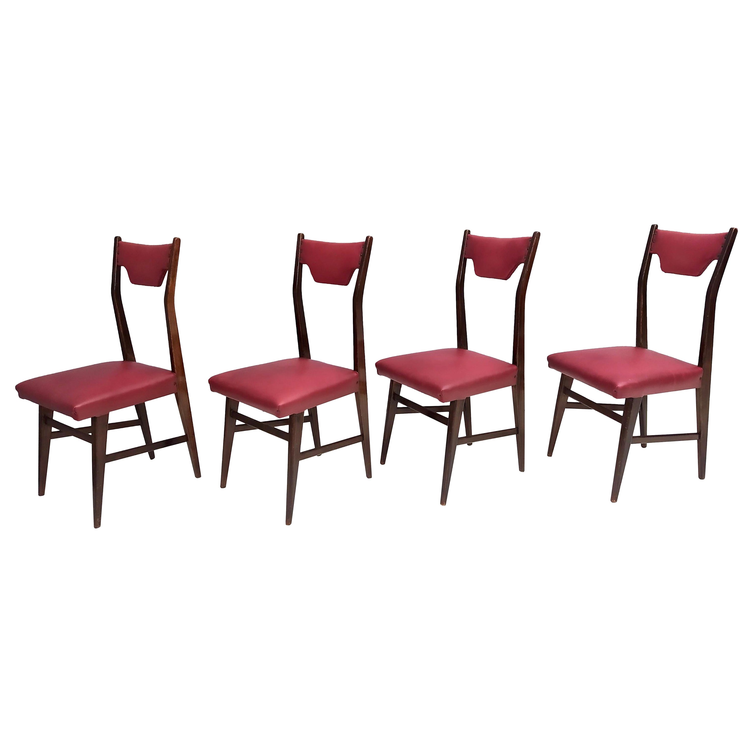 Set of Four Vintage Ebonised Beech and Crimson Skai Dining Chairs, Italy
