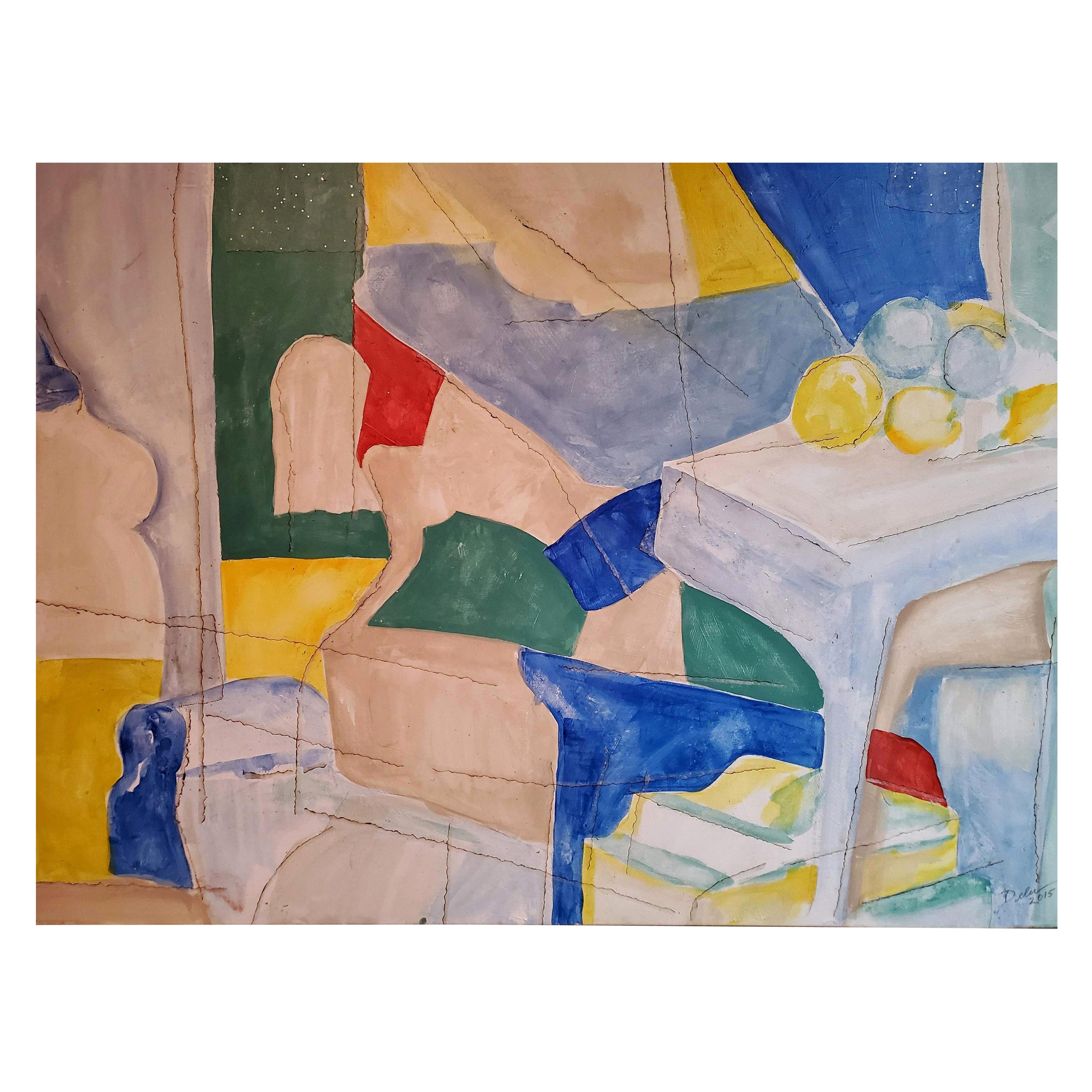 "Elusion II" Peinture abstraite technique mixte bleue, verte, jaune et rouge sur toile