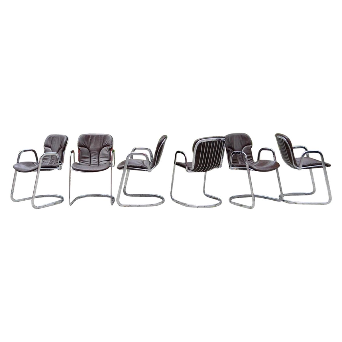 Cidue Dining Armchairs Chairs Set of 6 Chrome and Leather