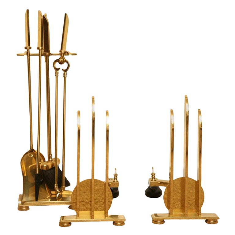 Donald Deskey Style Polished Brass and Steel Art Deco Fireplace Andirons For Sale at 1stDibs