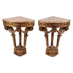 Pair of French Carved Giltwood Corner Console Tables, 19th Century