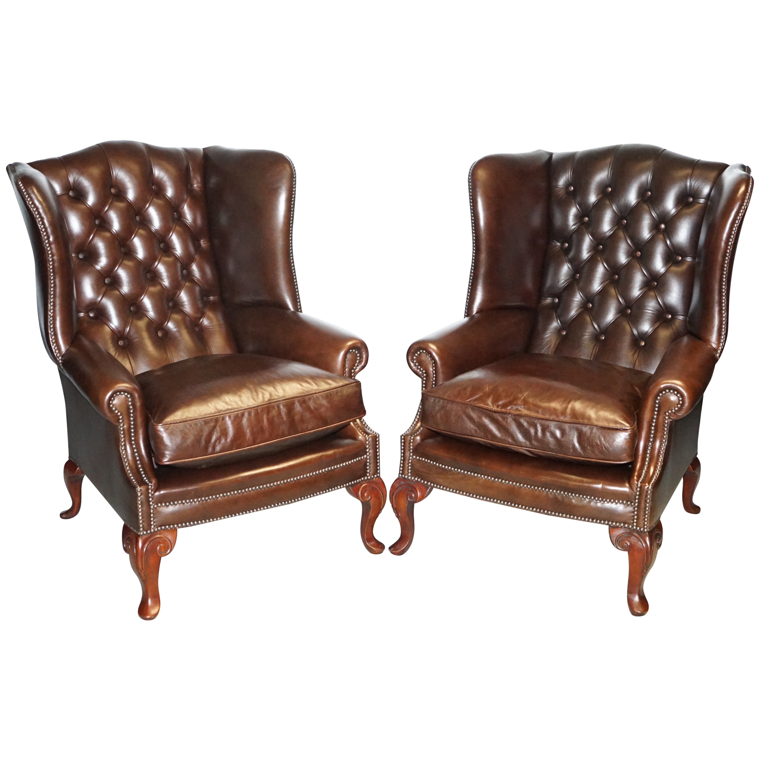 Camel Tone Leather Chesterfield Tufted Wing Chair For Sale at 1stDibs