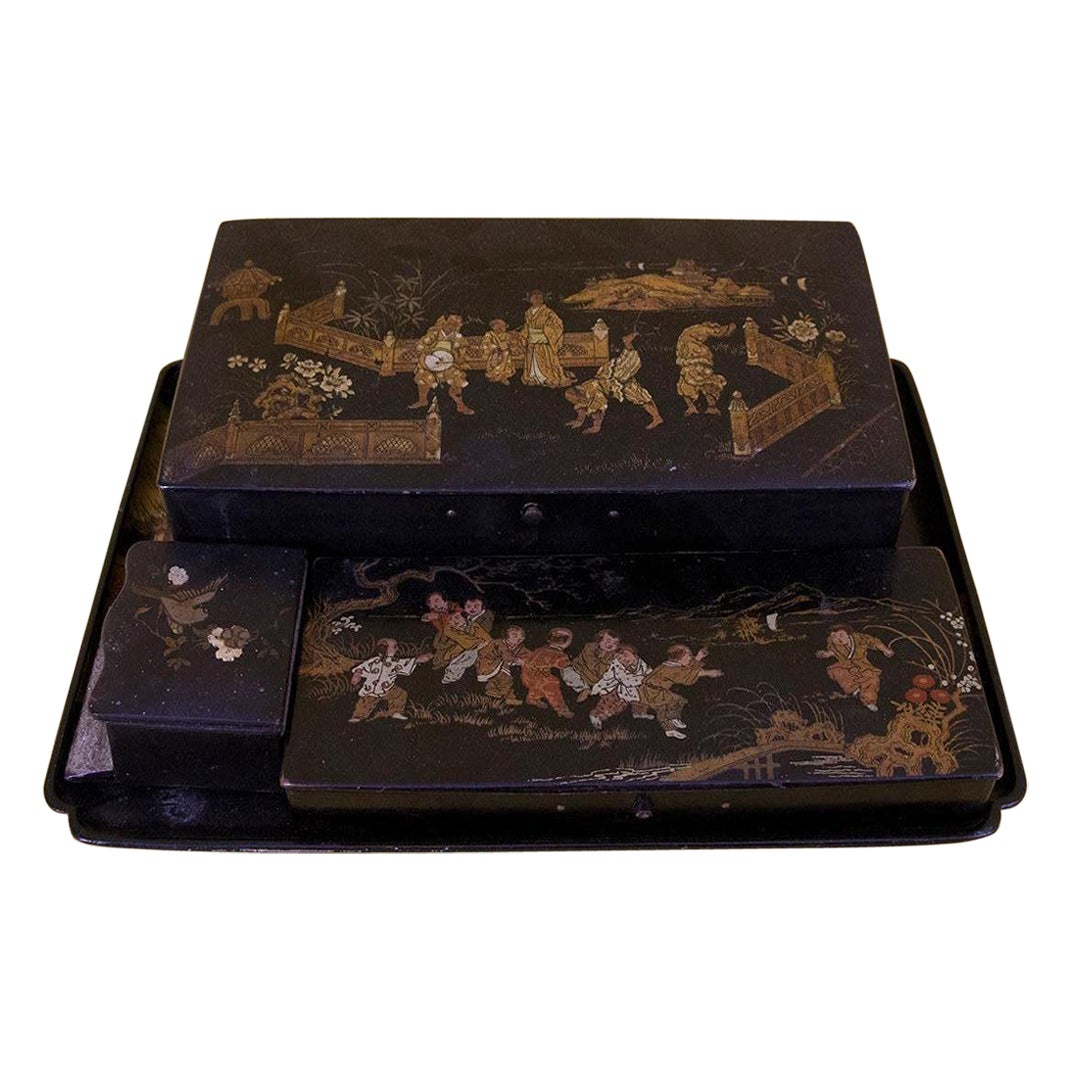 Napoleon III Chinese Lacquer Box and Tray Writing Kit, Circa 1870