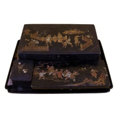 Antique Napoleon III Chinese Lacquer Box and Tray Writing Kit, Circa 1870