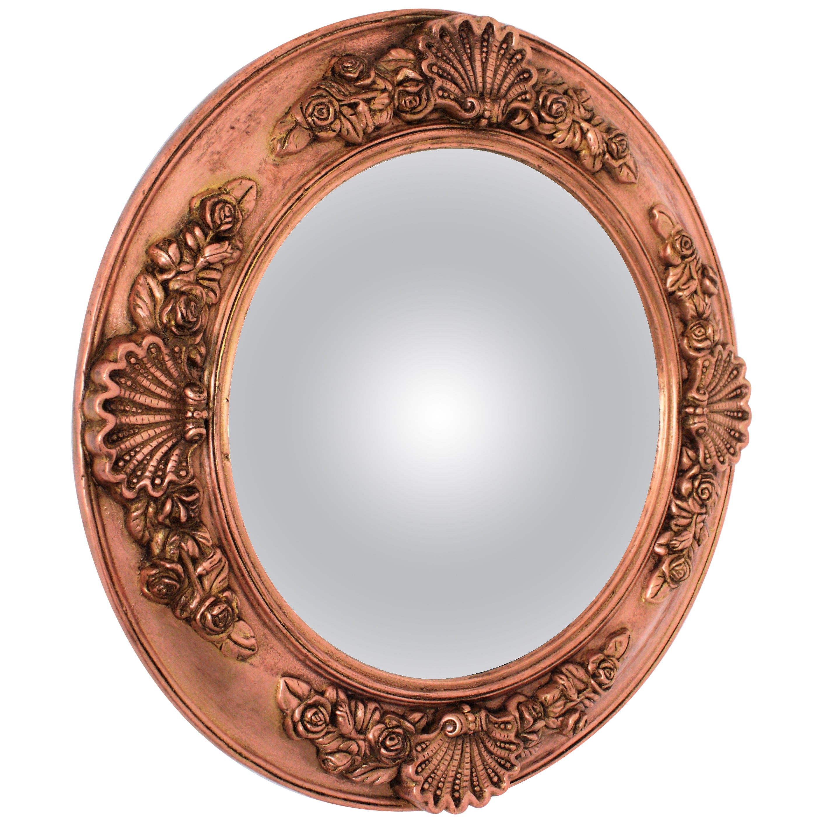 English Round Convex Mirror in Copper, Shell and Floral Motifs