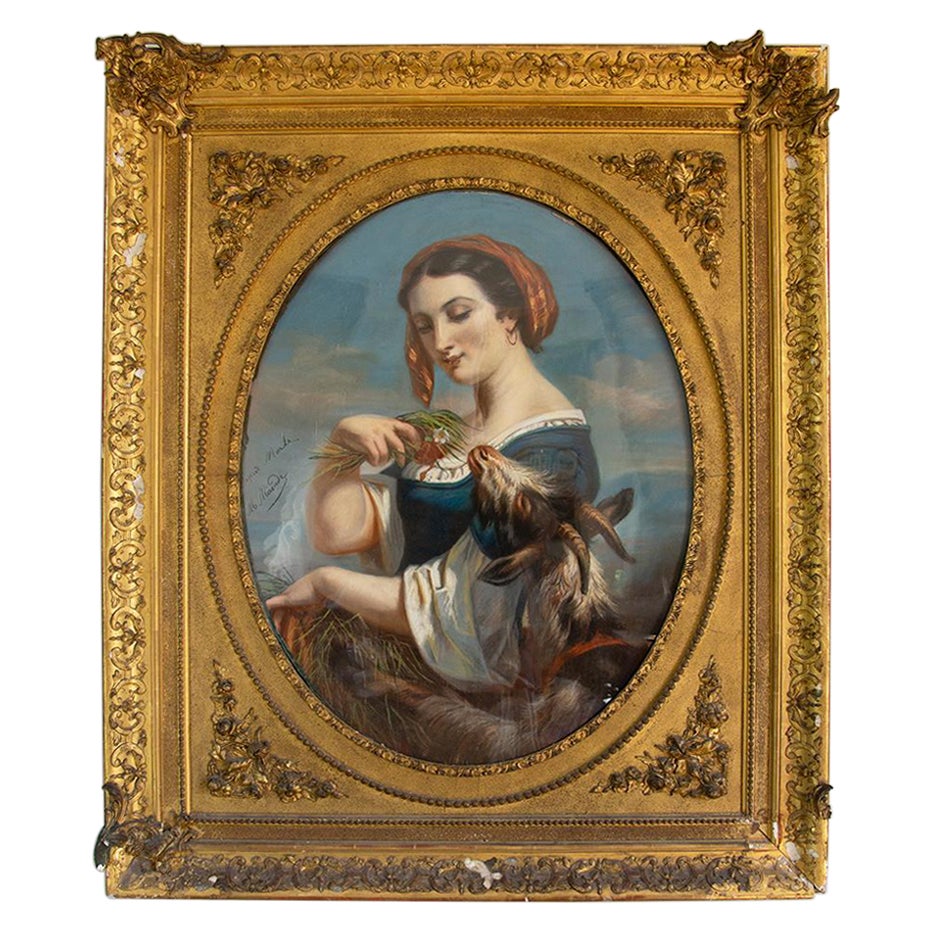 Disegno dopo Hugues Merle " Contadino con una capra "  Pastello - Incorniciato - 19