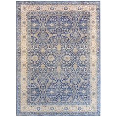 Antique Tapis Tabriz Revival en soie bleue tissé à la main