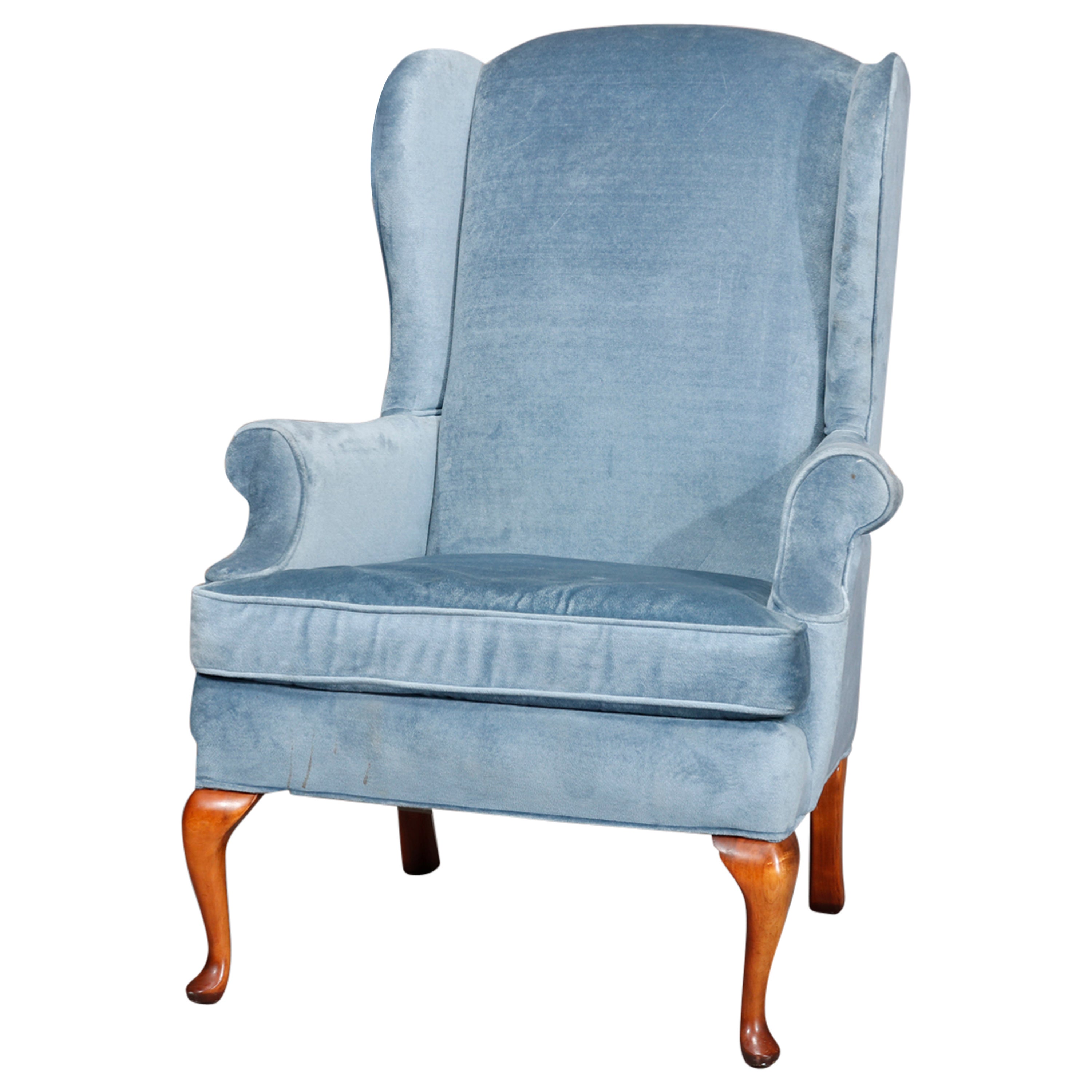 Queen Anne Style Upholstered Wing Chair For Sale at 1stDibs