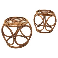 Pair of Bamboo Rattan Round Stools or Side Tables, Franco Albini Style