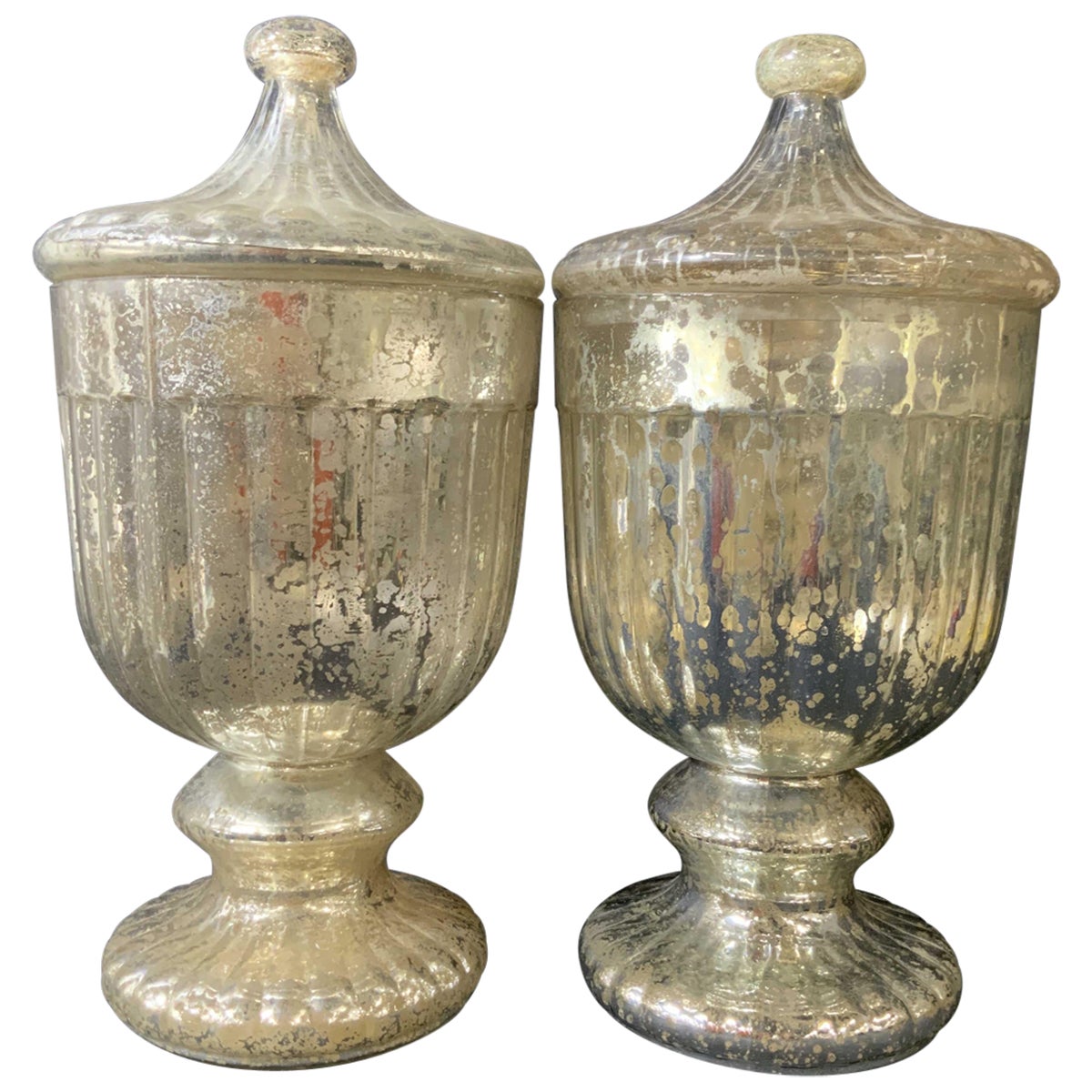 Large Pair of Antique Mercury Glass Hurricanes For Sale at 1stDibs