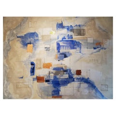 "Veiled Paths", Abstract Architecture Blue, White & Bronze Mixed-Media Painting