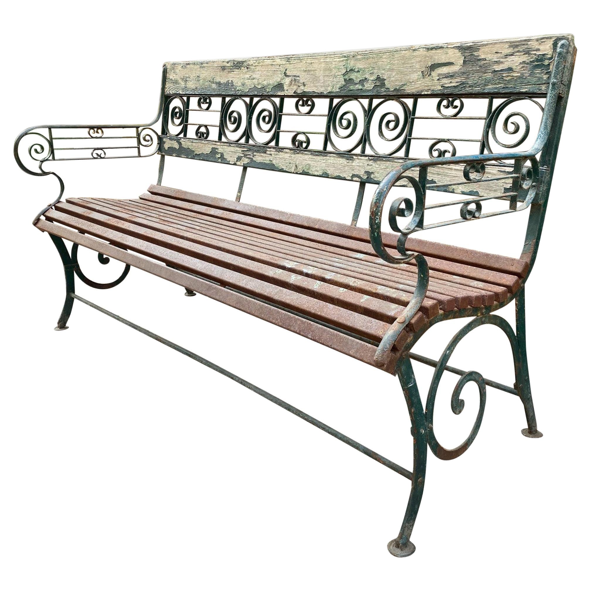 Metal y madera forjados a mano Banco de jardín Asiento rústico Mueble Anticuario LA