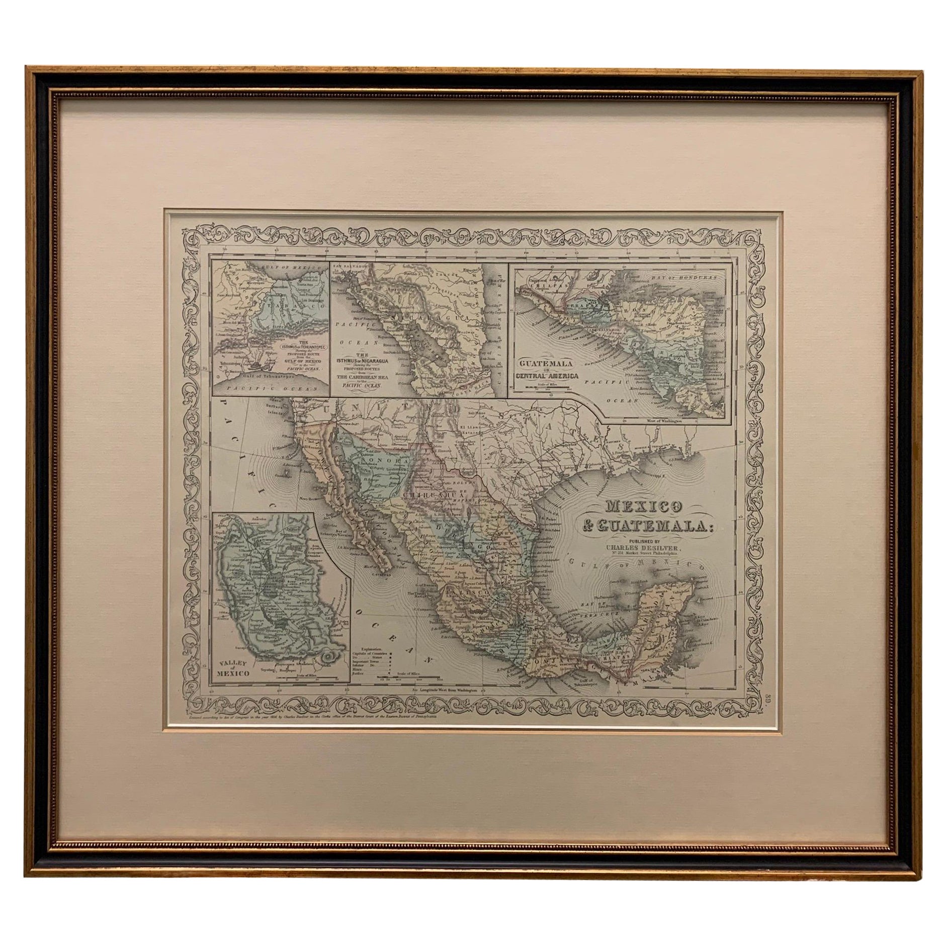 Large 1856 Mexico & Guatemala Framed Map by Charles Desilver For Sale