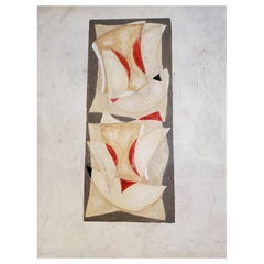 „Laughter“ Abstraktes Gemälde in Rot, Grau und Hellbraun, Gemälde in Mischtechnik auf Leinwand