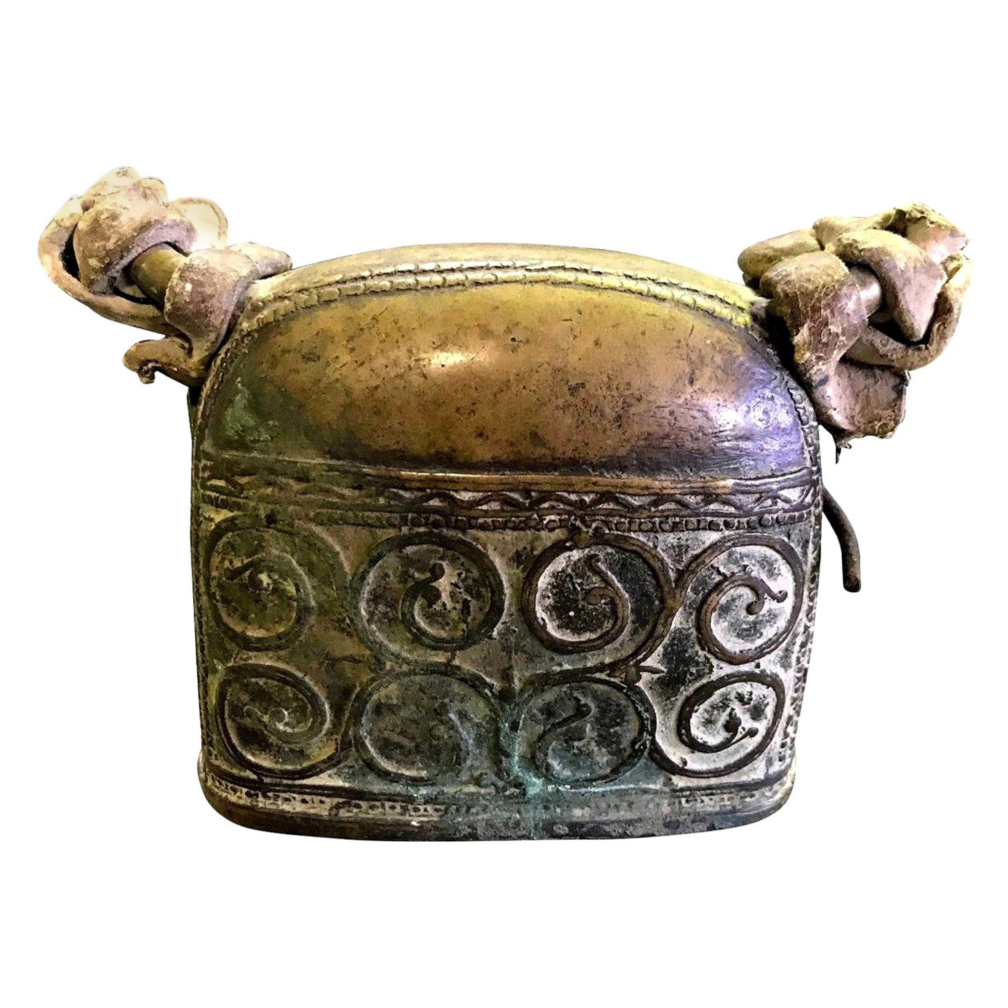 19th Century Asian or Indian Primitive Bronze Cow Bell Original Leather Straps For Sale