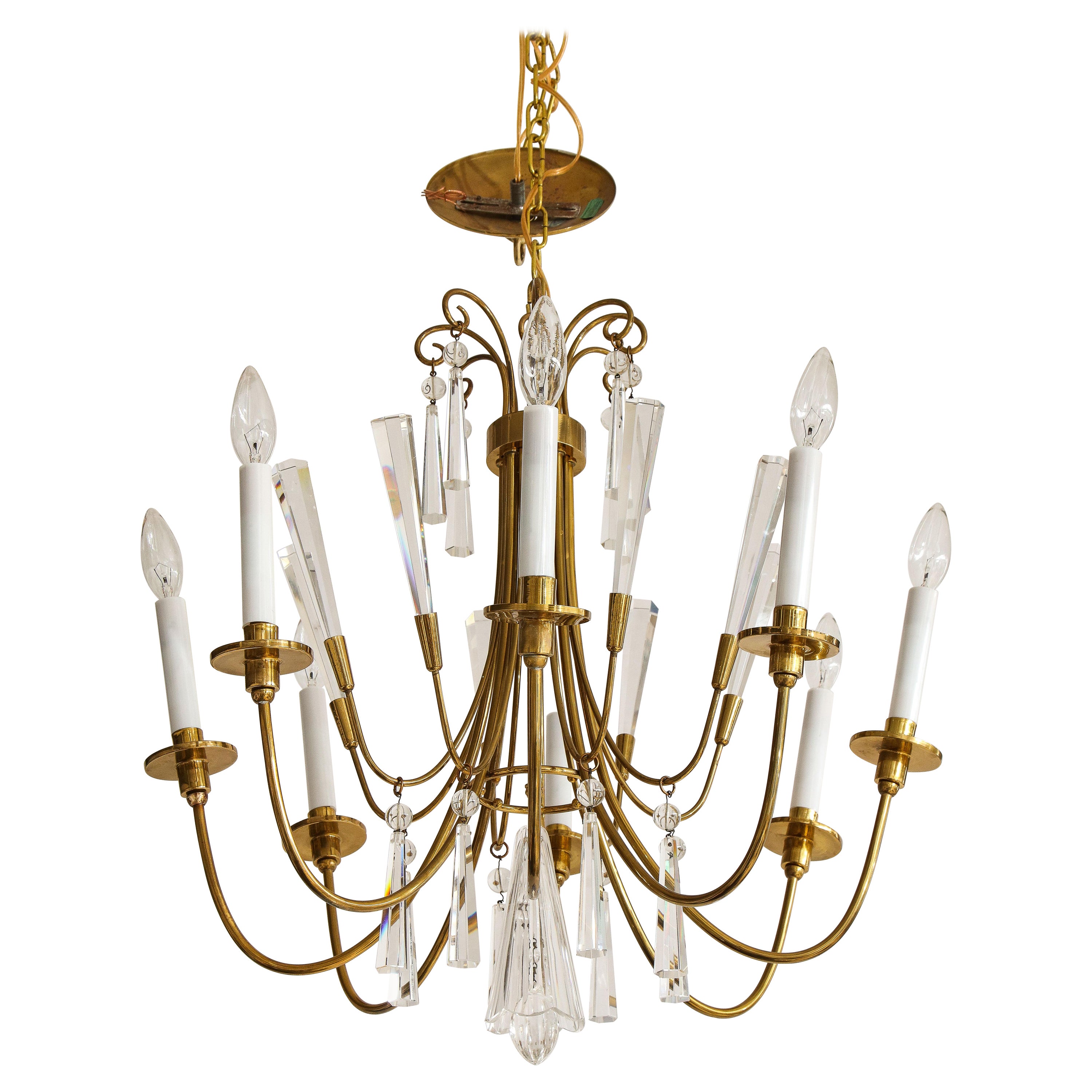 Lampadario in ottone e cristallo in stile Tommi Parzinger