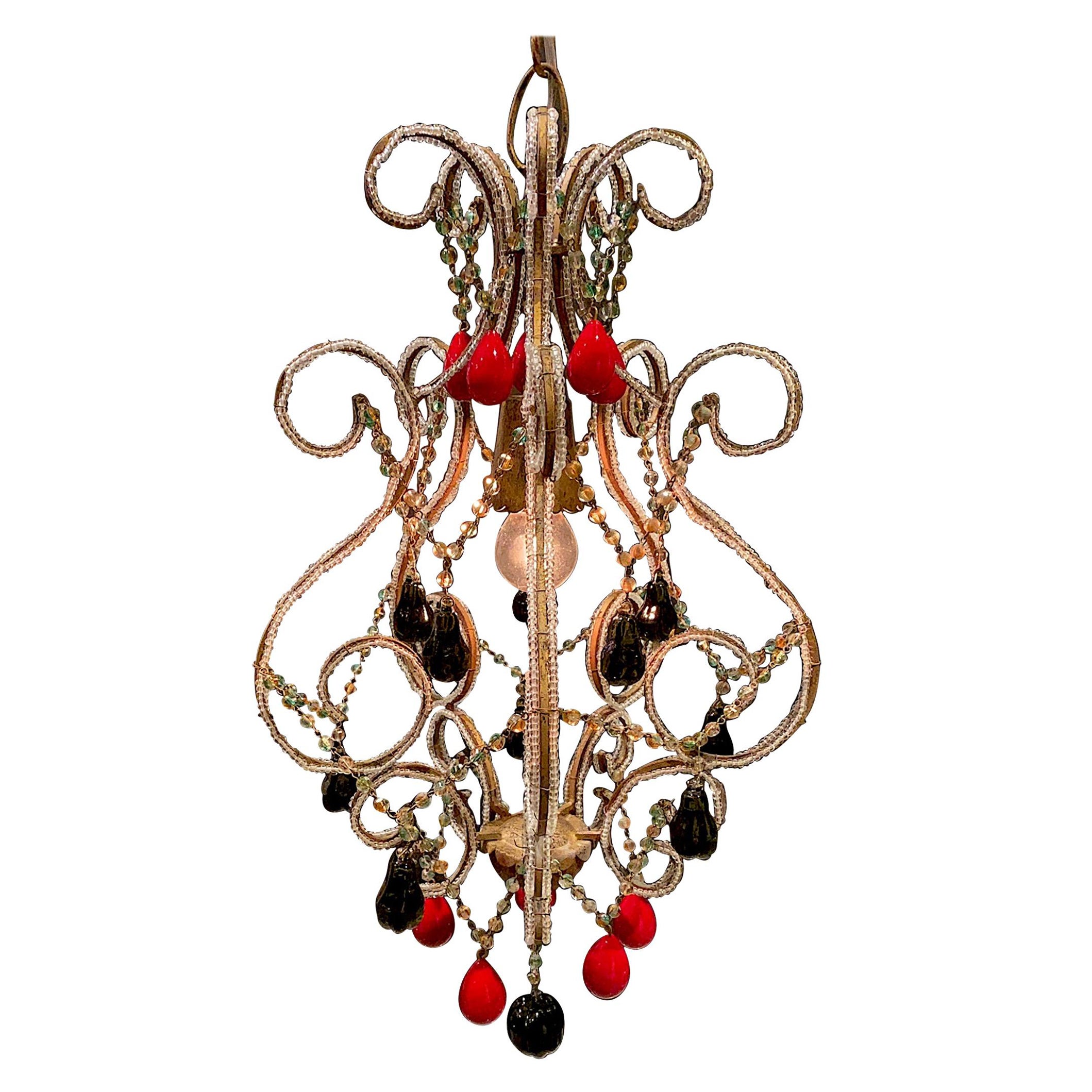 Italian 1950s Hollywood Regency Pendant Light with Venetian Fruits and Beads For Sale