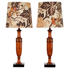 Pair of French Mahogany Table Lamps with floral Lampshades 