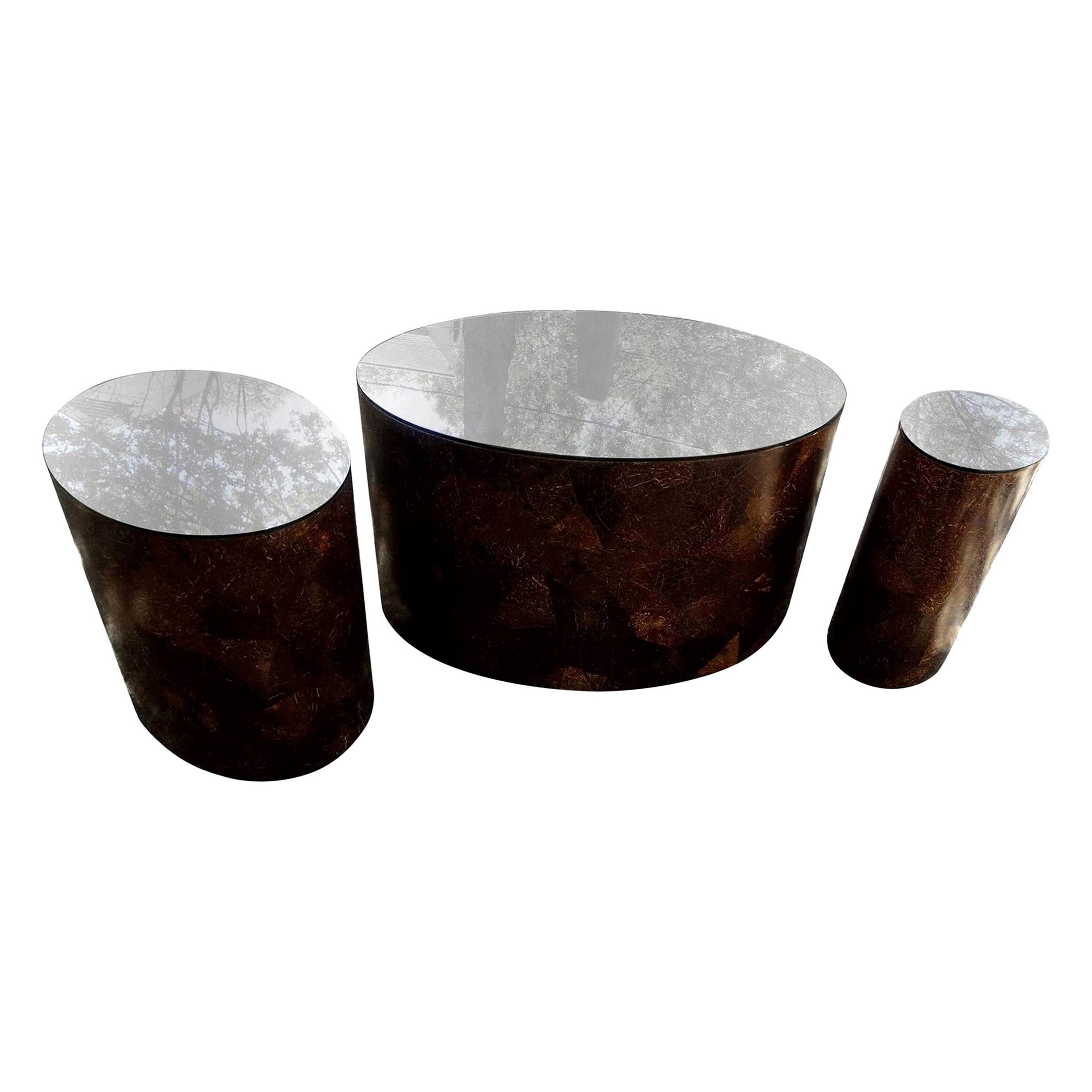 Karl Springer Style Oval Coconut Shell Tables with Bronze Mirrored Tops For Sale