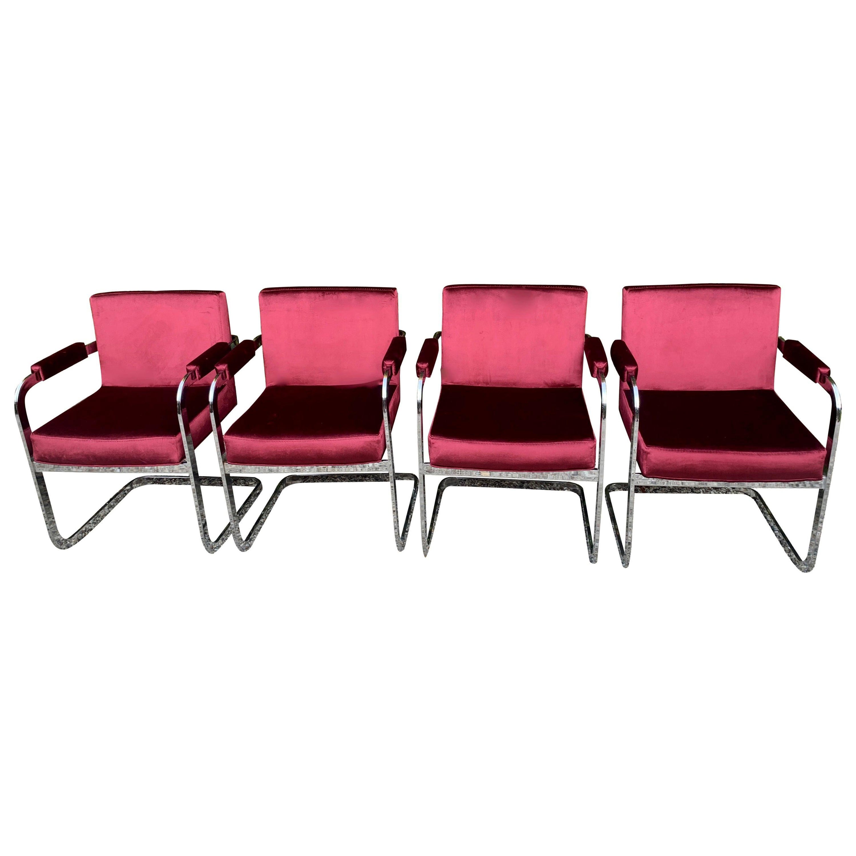 Set of Four Milo Baughman for Thayer Coggin Upholstered Chrome Chairs