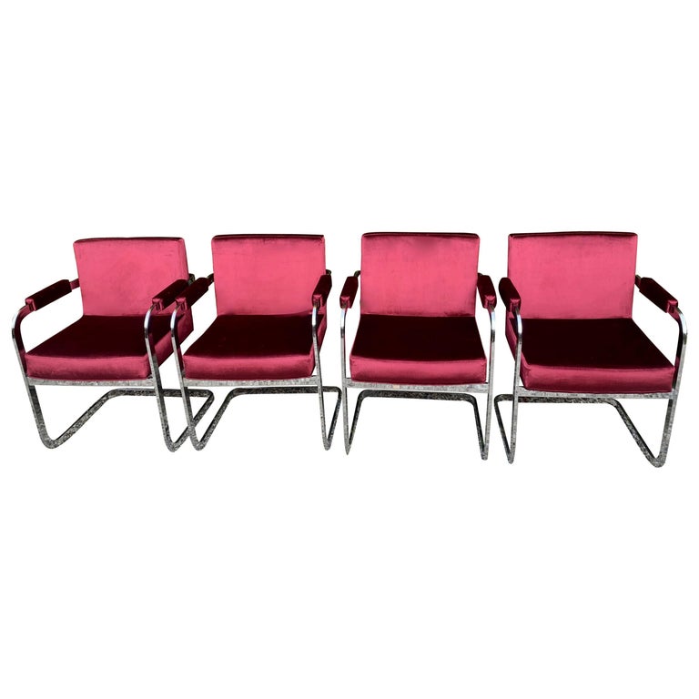 Set of Four Milo Baughman for Thayer Coggin Upholstered Chrome Chairs For Sale