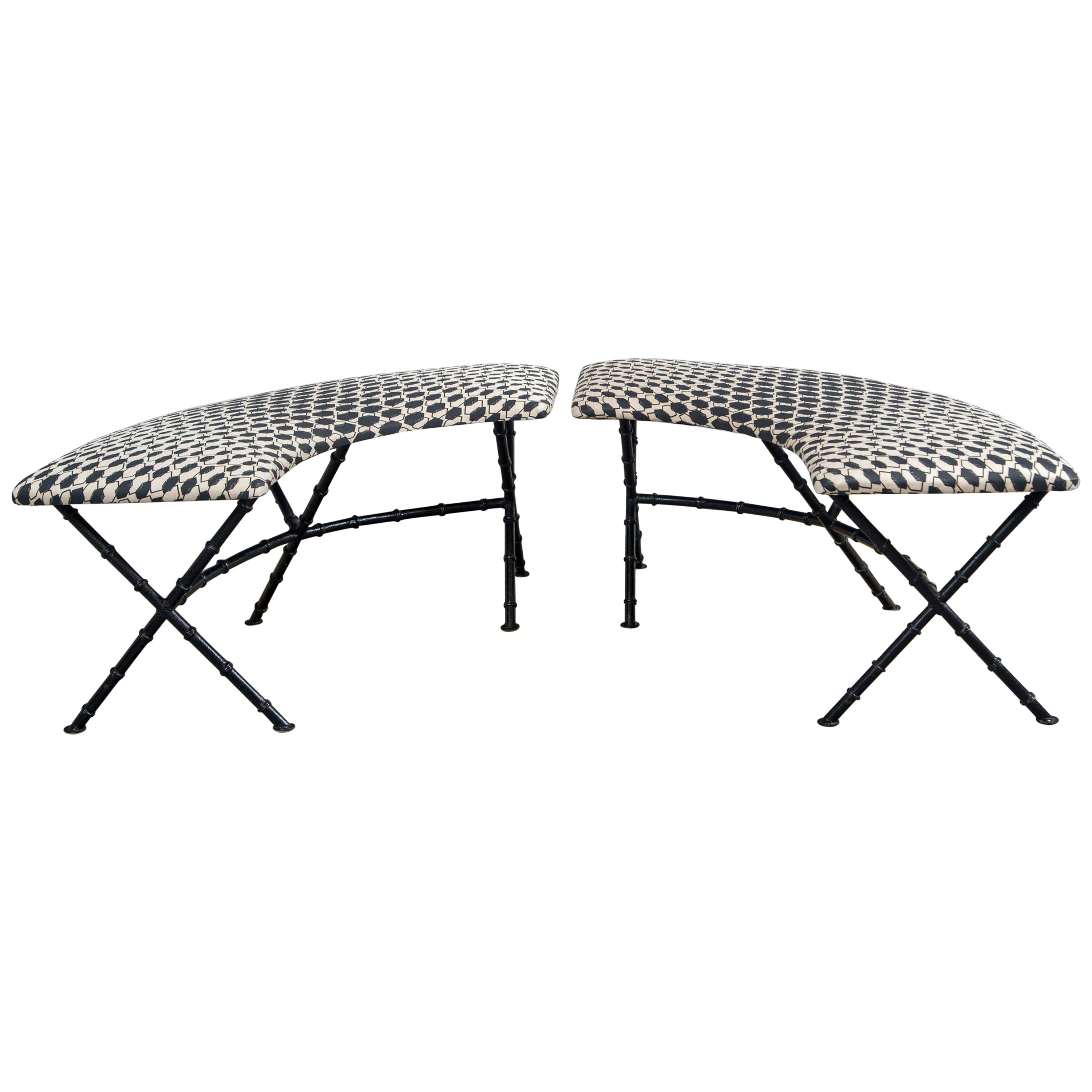Pair of Black and White French Demilune Iron Benches Recovered in Fortuny Fabric