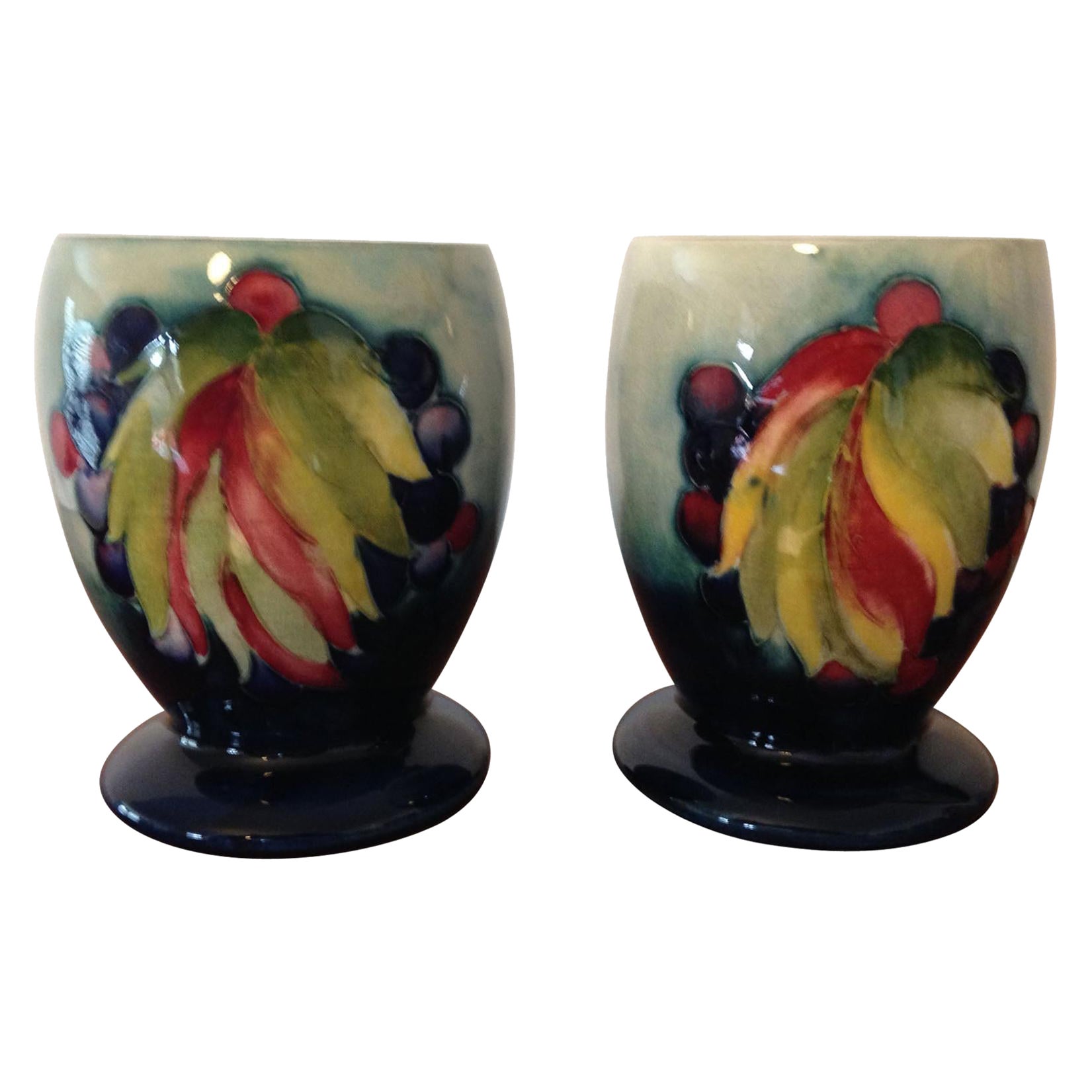 Rare Pair of William Moorcroft Leaf and Berry Pattern Pottery Goblets, C1930 For Sale