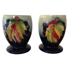 Antique Rare Pair of William Moorcroft Leaf and Berry Pattern Pottery Goblets, C1930