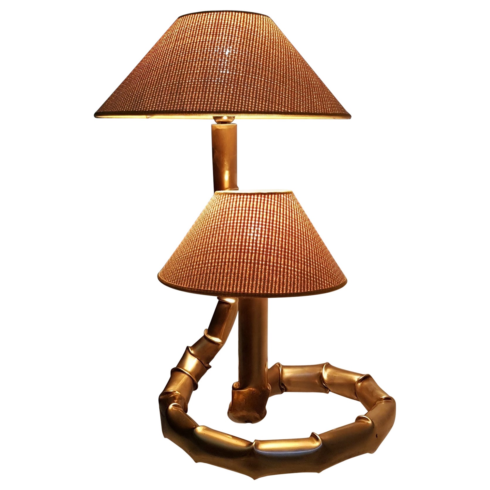 Midcentury Vintage Italian Rattan Bamboo Cane and Brass Table Lamp For