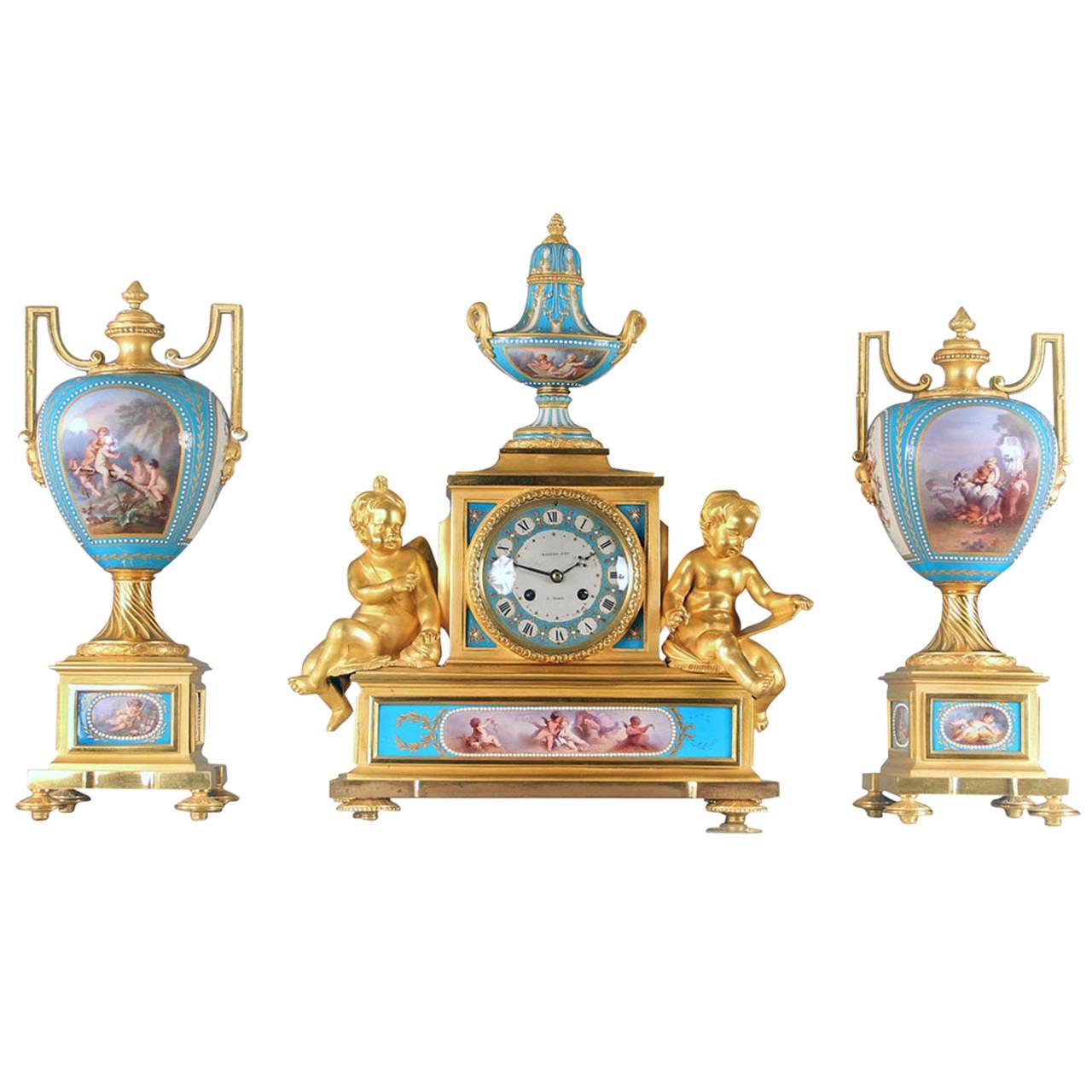 Sèvres Porcelain 'Jeweled' Three-Piece Clock Set by Raingo Frères