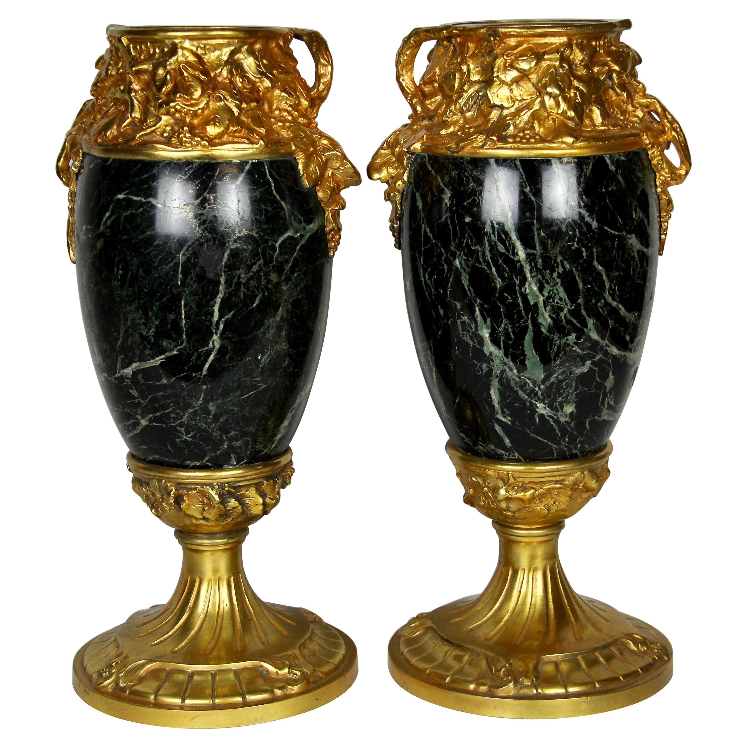 Pr. Louis Art Nouveau Dore Bronze Mounted Verde Antico Marble Vases A. Marionnet