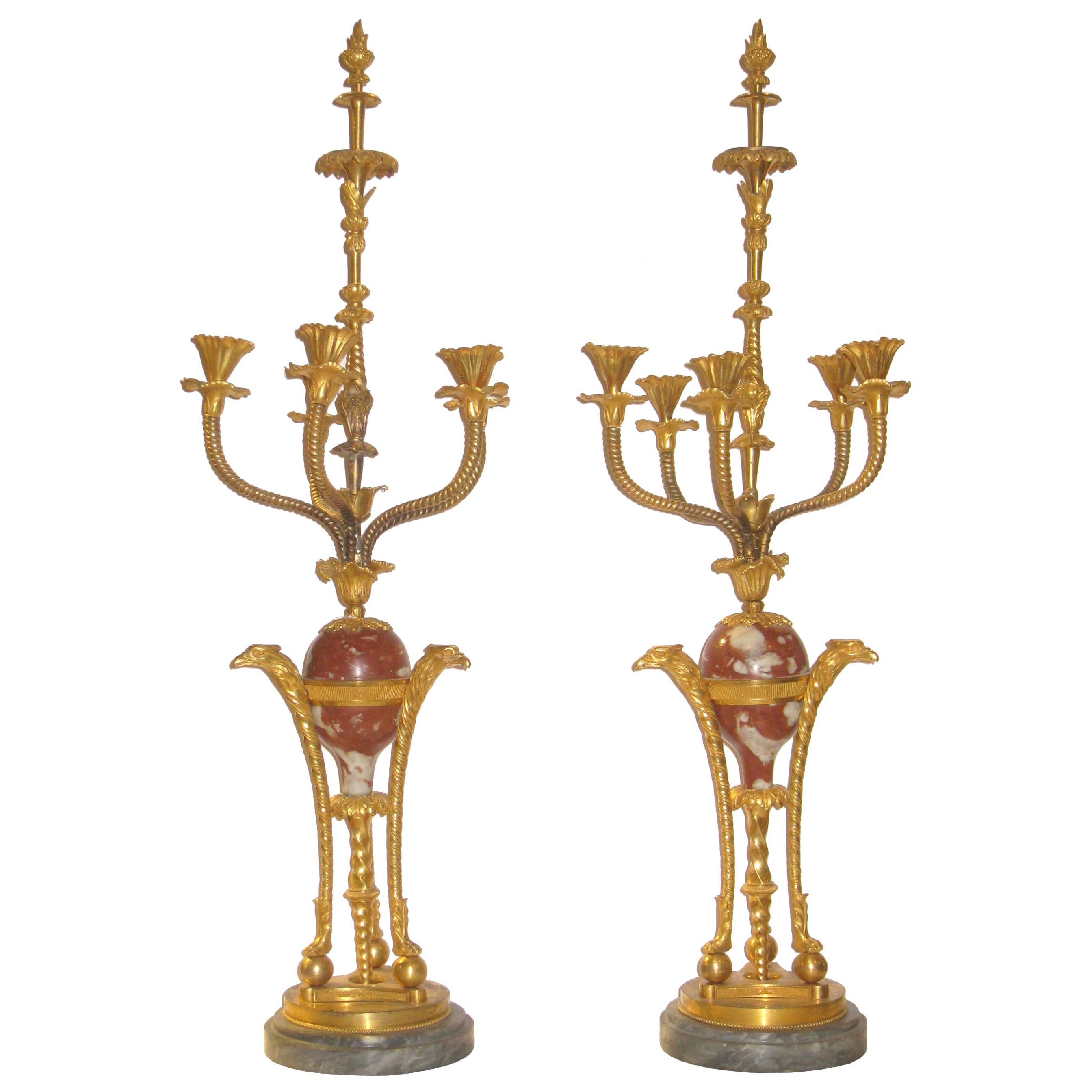 Pair Russian 19th Century Gilt Bronze and Marble Candelabra For Sale