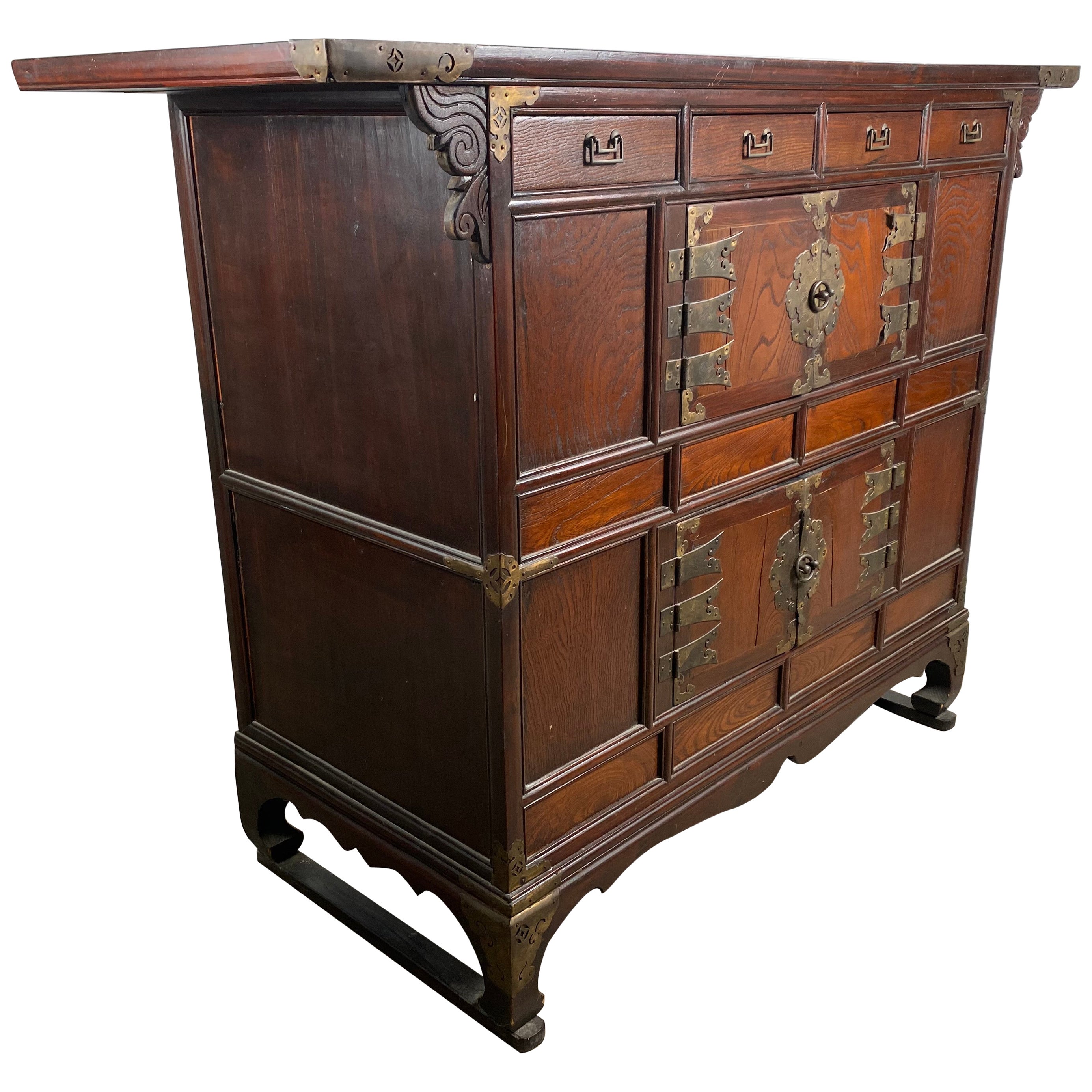 Antique Korean Tansu Elm Wood Chest with Brass Trim For Sale at 1stDibs
