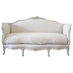 Antique Louis XV Style Painted and Upholstered French Sofa in Belgian Linen