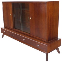 Two Part Mid Century Modern Walnut Credenza or Low China Cabinet