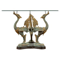 Triple Dragon Bronze Table Base with Verde Patina and Gilt Accents