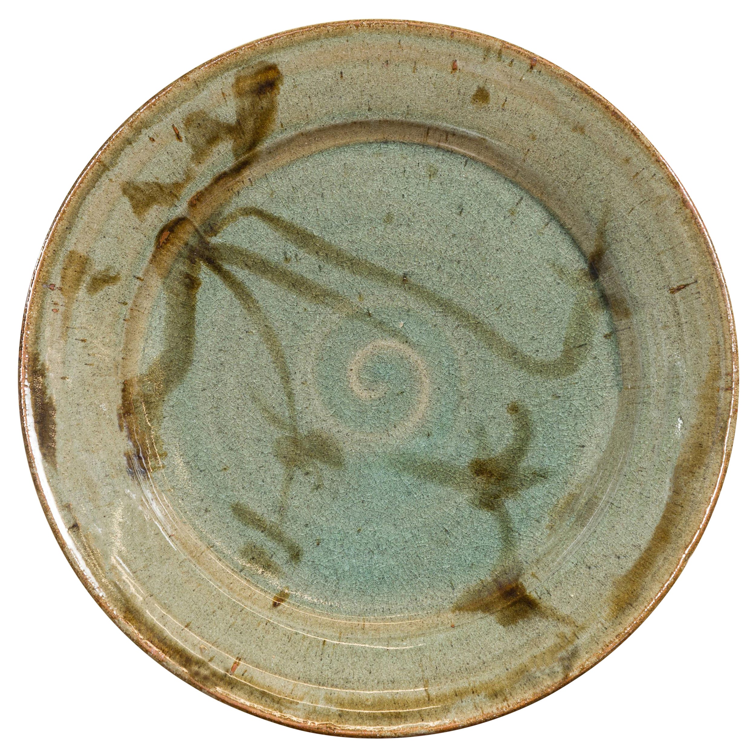 Hand-Thrown Ceramic Charger Plate with Green and Brown Spiral Painted Decor