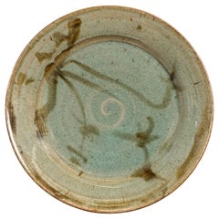 Hand-Thrown Ceramic Charger Plate with Green and Brown Spiral Painted Decor