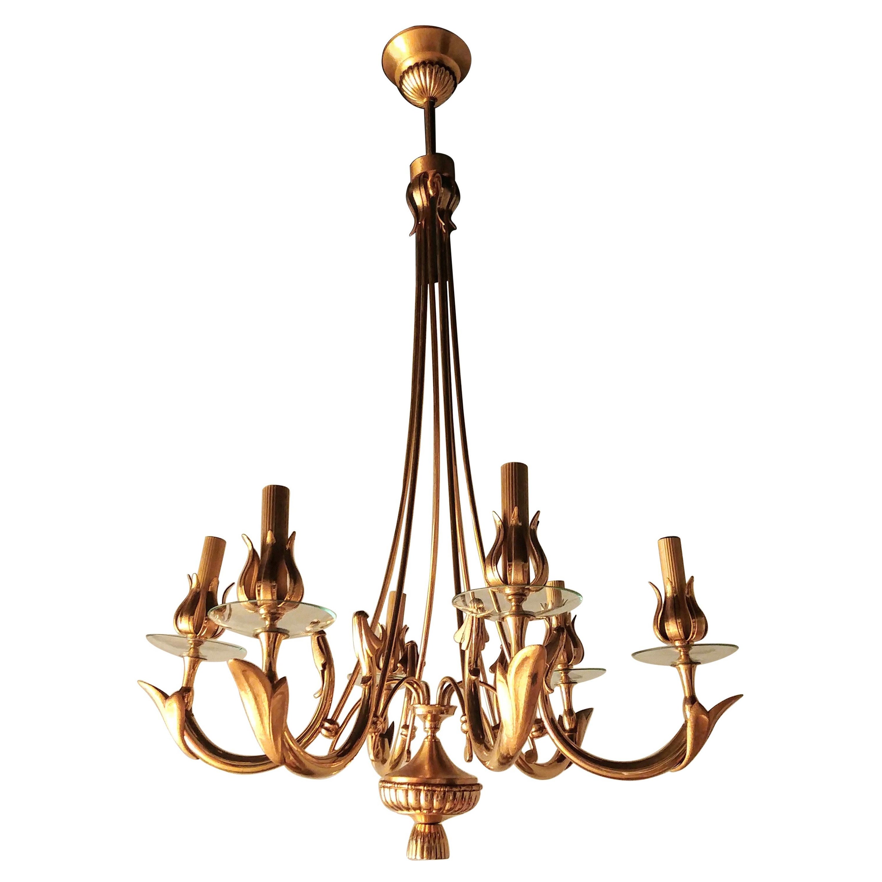 Midcentury Chandelier Brass Glass Attributed to Oscar Torlasco Italy 1960s For Sale