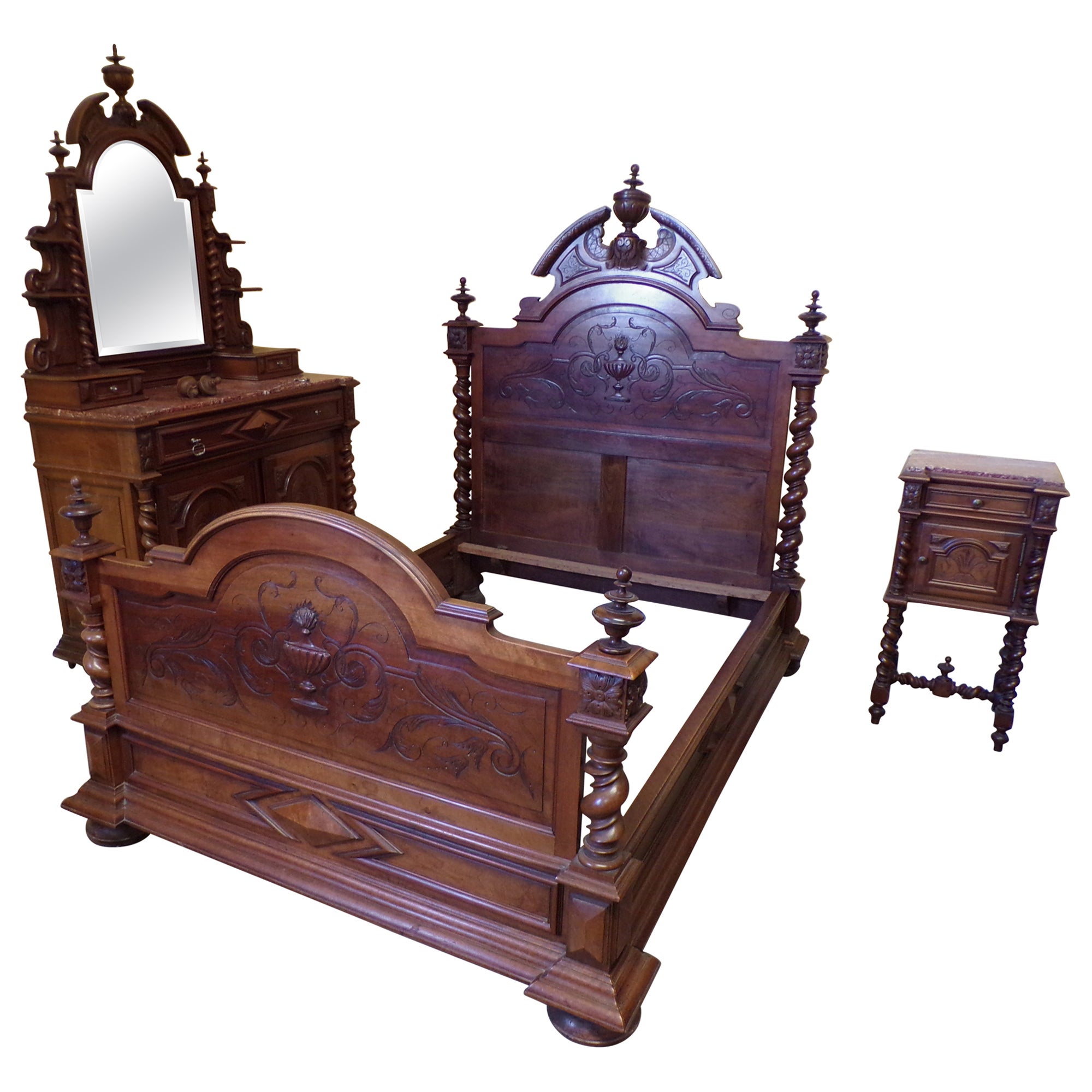 Antique Victorian ThreePiece Eastlake Chip Carved Oak Bedroom Suite