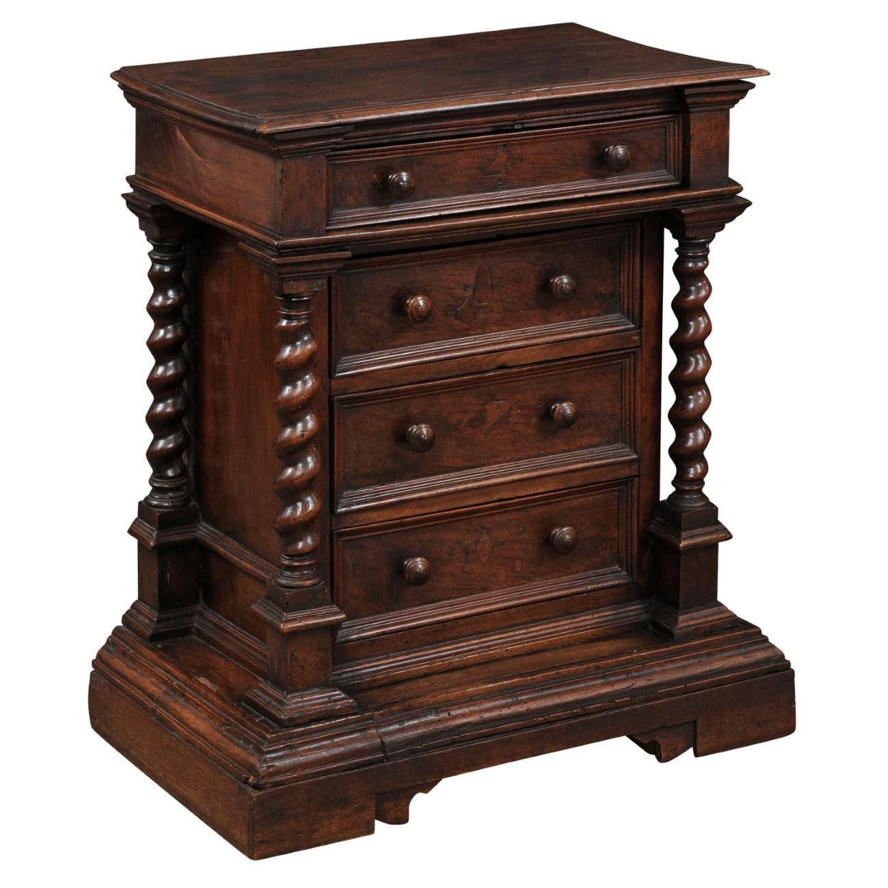 Petite 18th Century Italian Walnut Commode with 4 Drawers & Barley Twist Detail For Sale